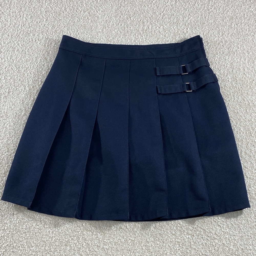 French Toast Navy Pleated Mini Skirt with Double Buckles